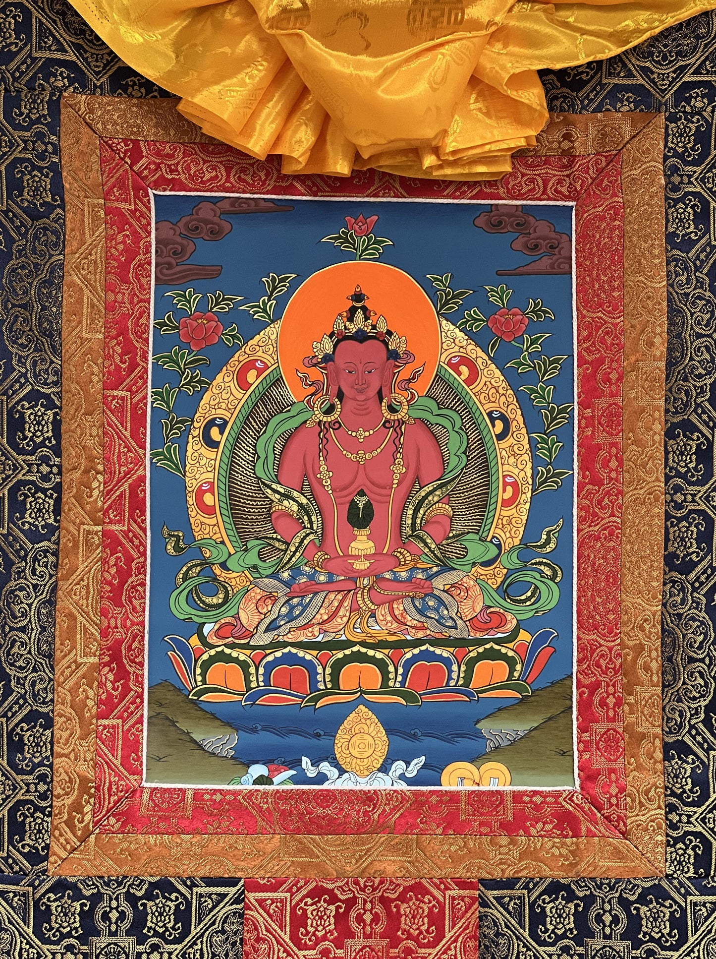 Buddha Amitayus/Aparmita Original Hand-Painted Compassion / Meditation Tibetan Thangka / Thanka  Painting With Premium Silk Brocade
