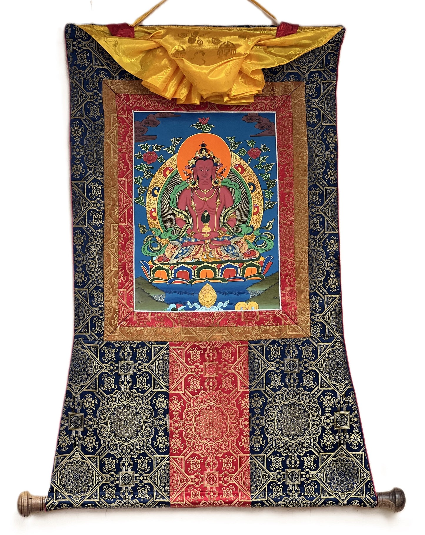 Buddha Amitayus/Aparmita Original Hand-Painted Compassion / Meditation Tibetan Thangka / Thanka Painting With Premium Silk Brocade