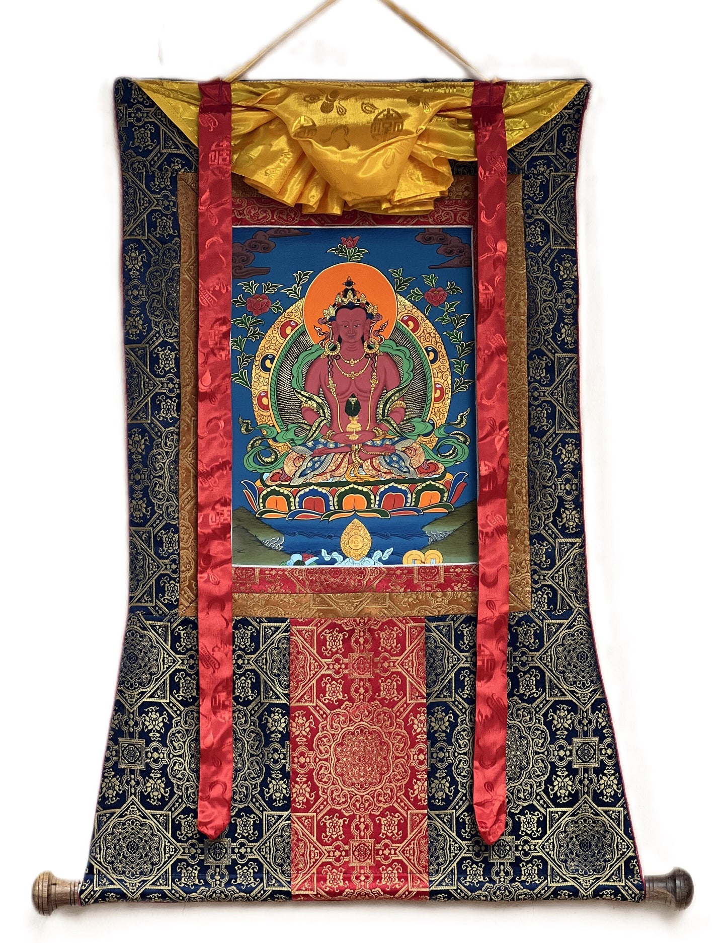 Buddha Amitayus/Aparmita Original Hand-Painted Compassion / Meditation Tibetan Thangka / Thanka Painting With Premium Silk Brocade