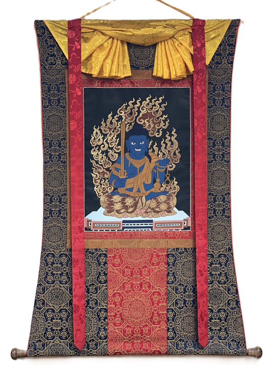 FUDO MYO-O (Acala) (不動明王), Wisdom King, Rare Hand-painted  Originnal Thangka Painting with High-Quality Silk Brocade