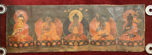 Pancha Buddha/ Five Meditating Buddha/ Dhayani Buddha  Old Oil Varnish  Tibetan Thangka Painting/ Wall Hanging