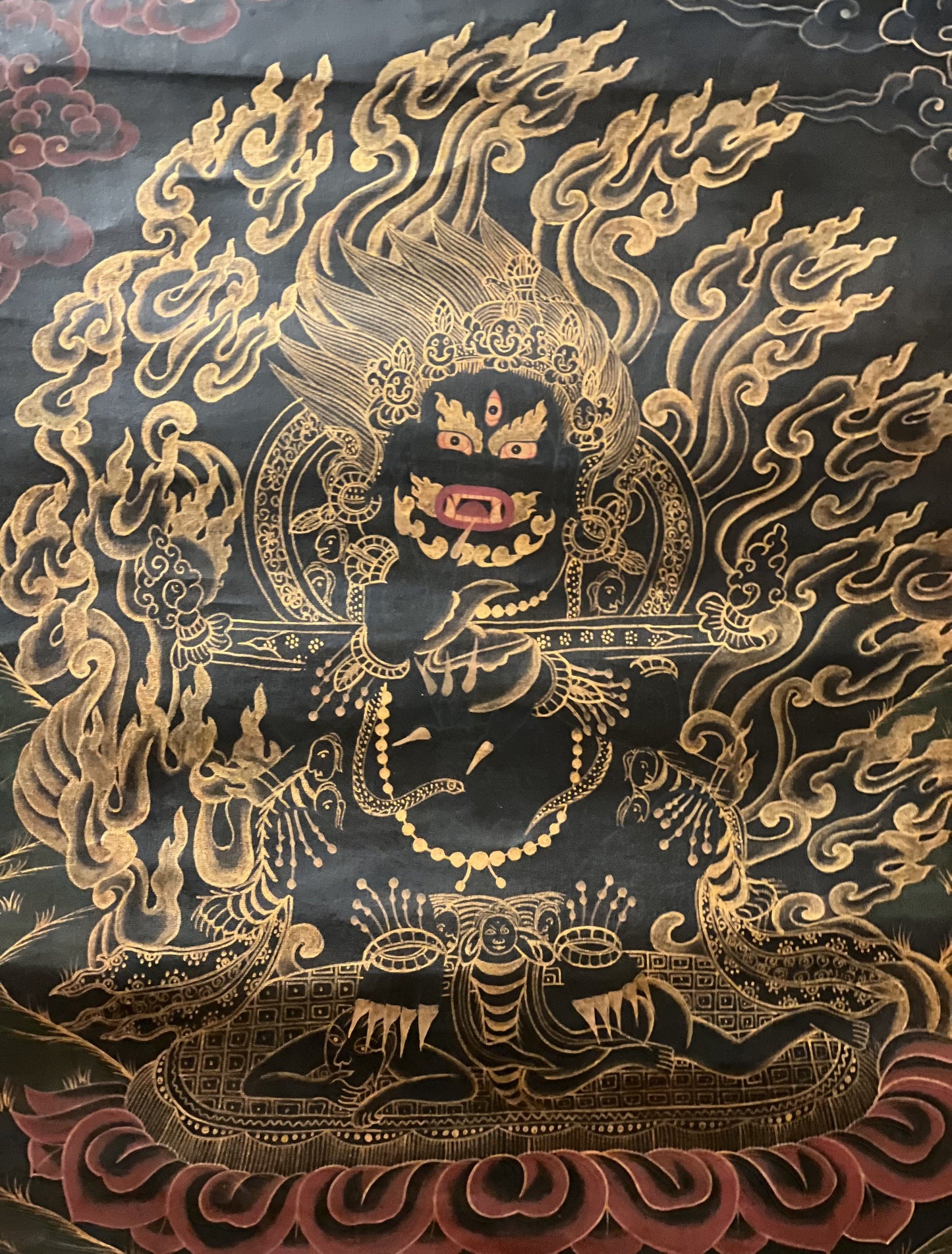 2 Armed Black Mahakala/Mahankala Oil-Varnished Old Tibetan Thangka Painting