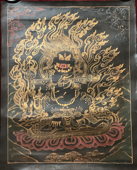 2 Armed Black Mahakala/Mahankala Oil-Varnished Old Tibetan Thangka Painting