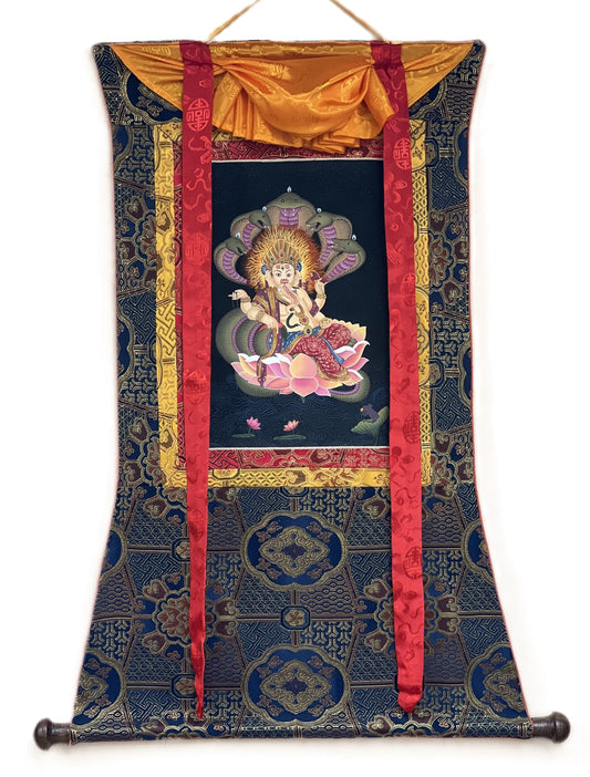 Hand painted Master Quality Ganesha/ Ganapati/ Vinayaka/ Destroyer of Obstacle Newari Paubha/Thangka Painting with Premium Silk Brocade