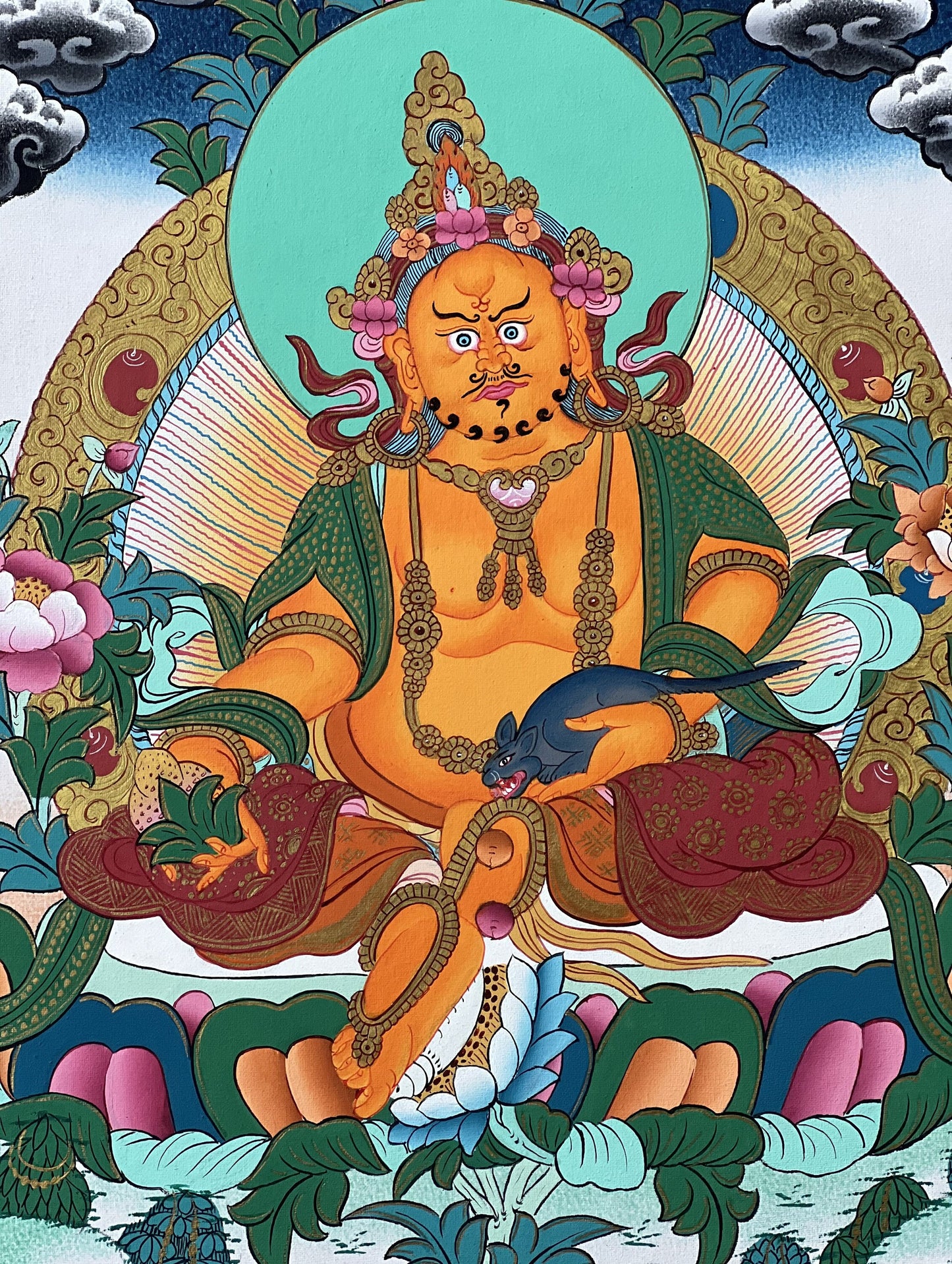 Original Hand Painted Kubera Jambhala/Dzambhala/Zambala God Of Wealth Tibetan Compassion / Meditation Thangka / Thanka Painting From Nepal