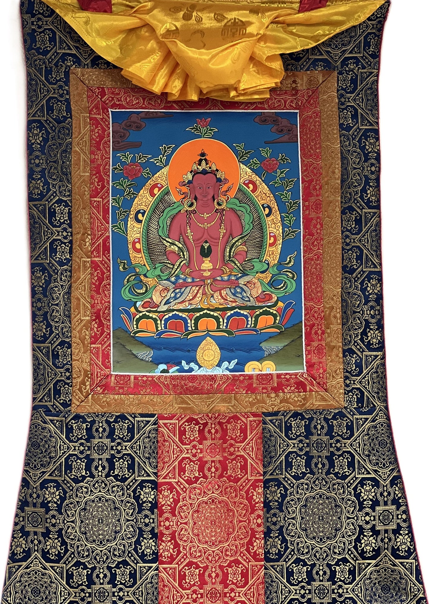 Buddha Amitayus/Aparmita Original Hand-Painted Compassion / Meditation Tibetan Thangka / Thanka Painting With Premium Silk Brocade