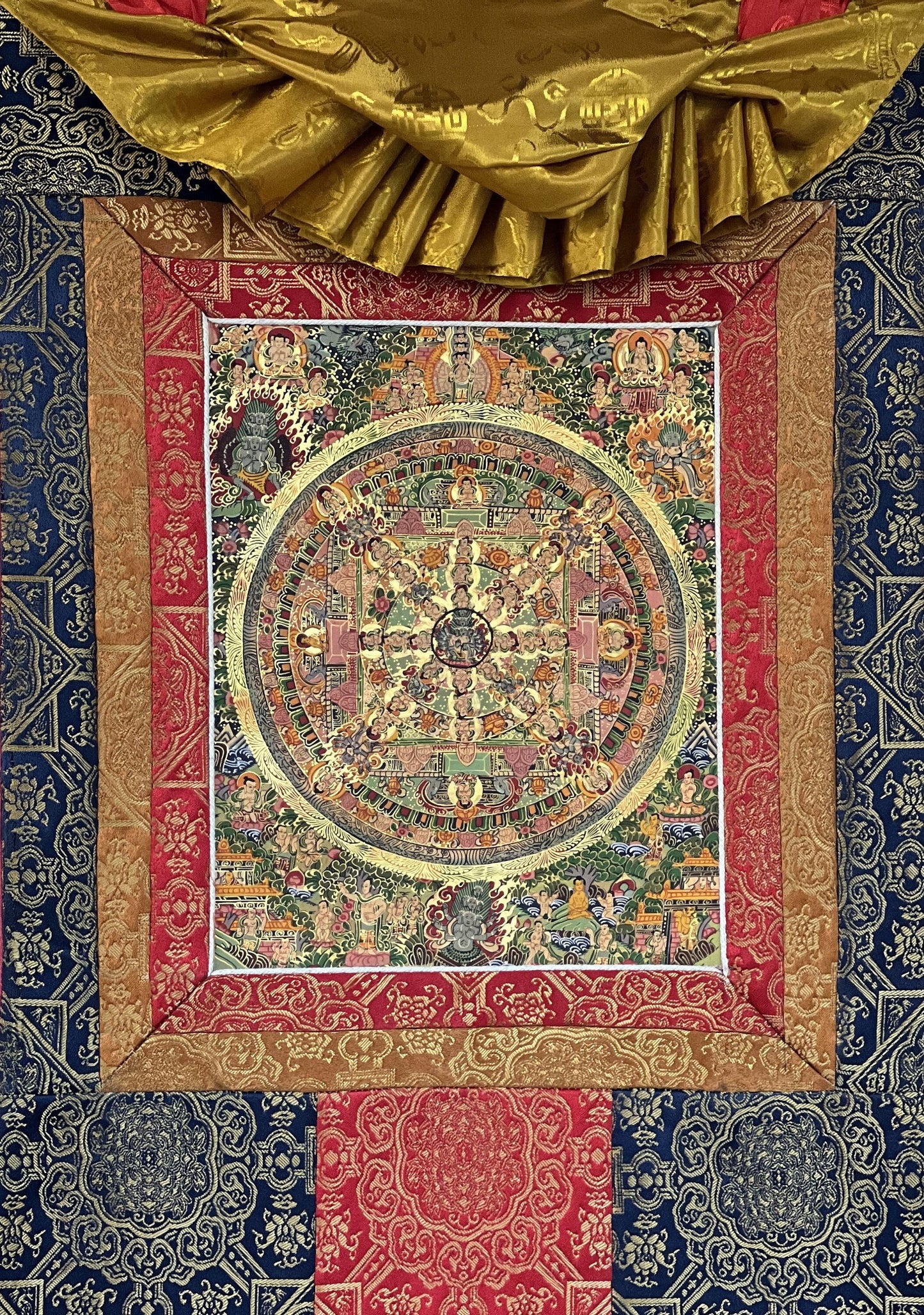 Buddha Life Big Circle Mandala Original Tibetan Thangka/Thanka Painting/ Wall Hanging / Meditation Art with Premium Silk Brocade