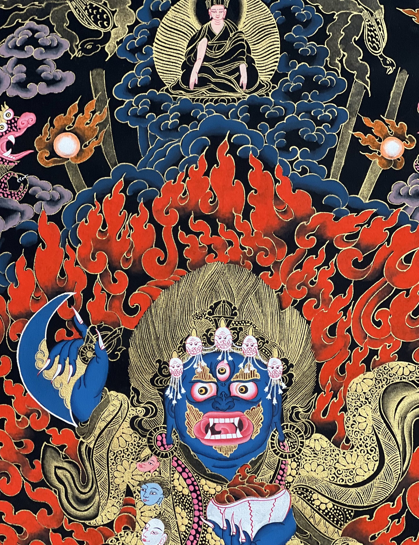 Original Hand Painted Masterpiece Two Armed Mahakala / Protector / Black-Cloaked Mahakala Tibetan Meditation Thangka / Thanka Painting