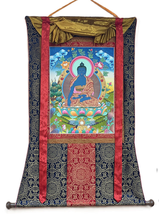 Originnal Hand-painted Medicine Buddha, Bhaisajyaguru, Tibetan Thangka Painting  with Premium Silk Brocade