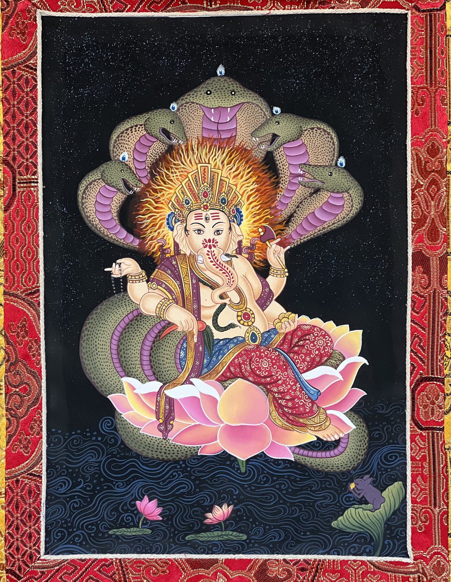 Hand painted Master Quality Ganesha/ Ganapati/ Vinayaka/ Destroyer of Obstacle Newari Paubha/Thangka Painting with Premium Silk Brocade