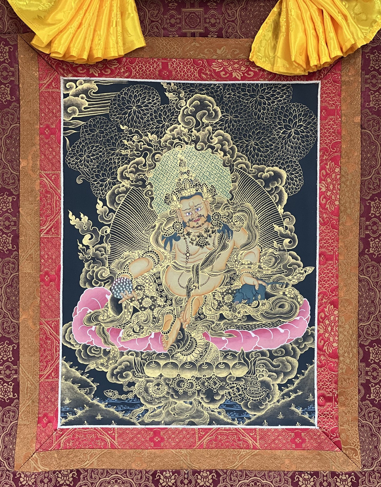 Original Hand Painted Kubera/ Jambhala/ Zambala God Of Wealth Tibetan Compassion / Meditation Thangka Painting with Premium Silk Brocade