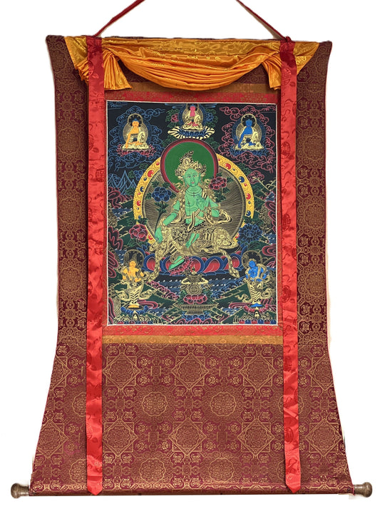Hand painted Original Green Tara Masterpiece Tibetan Wall Hanging Thangka Painting Compassion Meditation Art with Narrow Silk Border