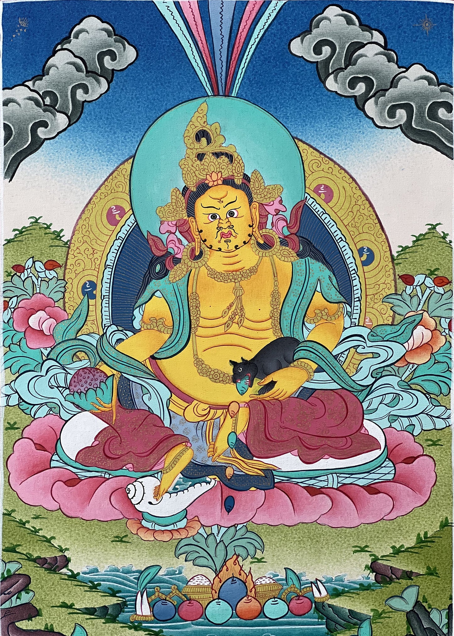 Original Hand Painted Jambhala /God Of Wealth Tibetan Compassion / Meditation Wall Hanging Masterpiece Thangka / Thanka Painting