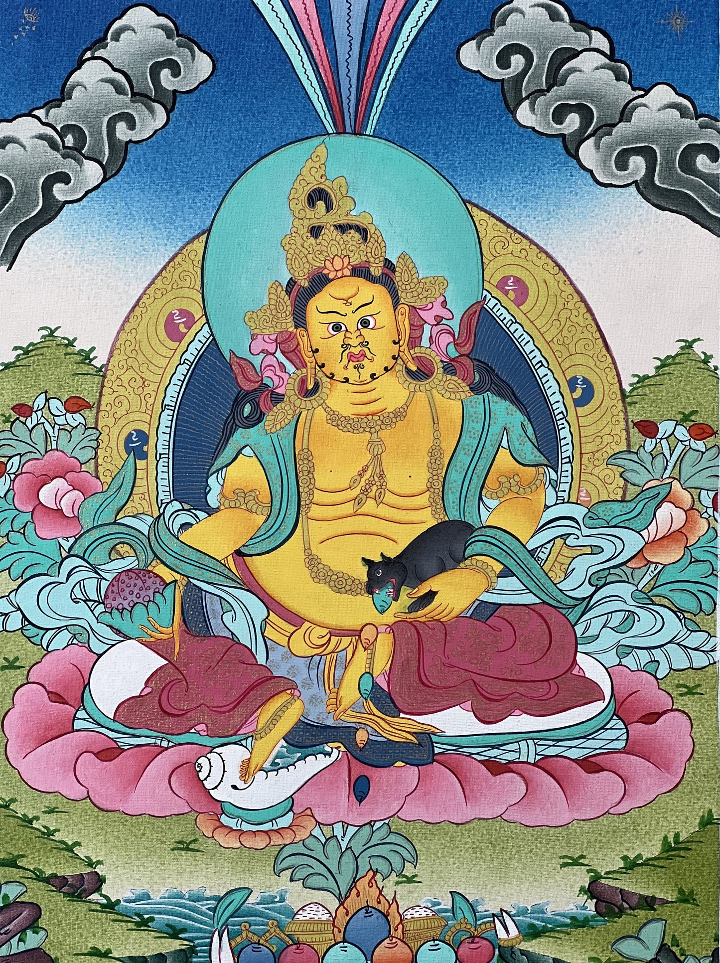 Original Hand Painted Jambhala /God Of Wealth Tibetan Compassion / Meditation Wall Hanging Masterpiece Thangka with Silk Premium Brocade