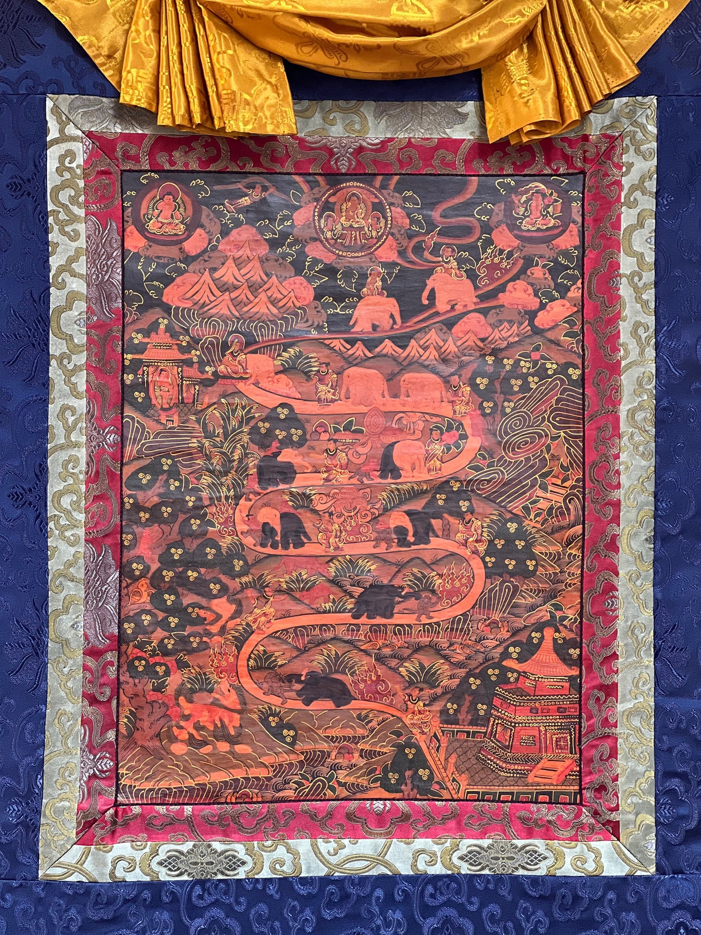 Original Hand-painted Samatha Meditation/ Way to Heaven/ Elephant Path Old Oil-Varnished Tibetan Thangka Painting With Silk Brocade