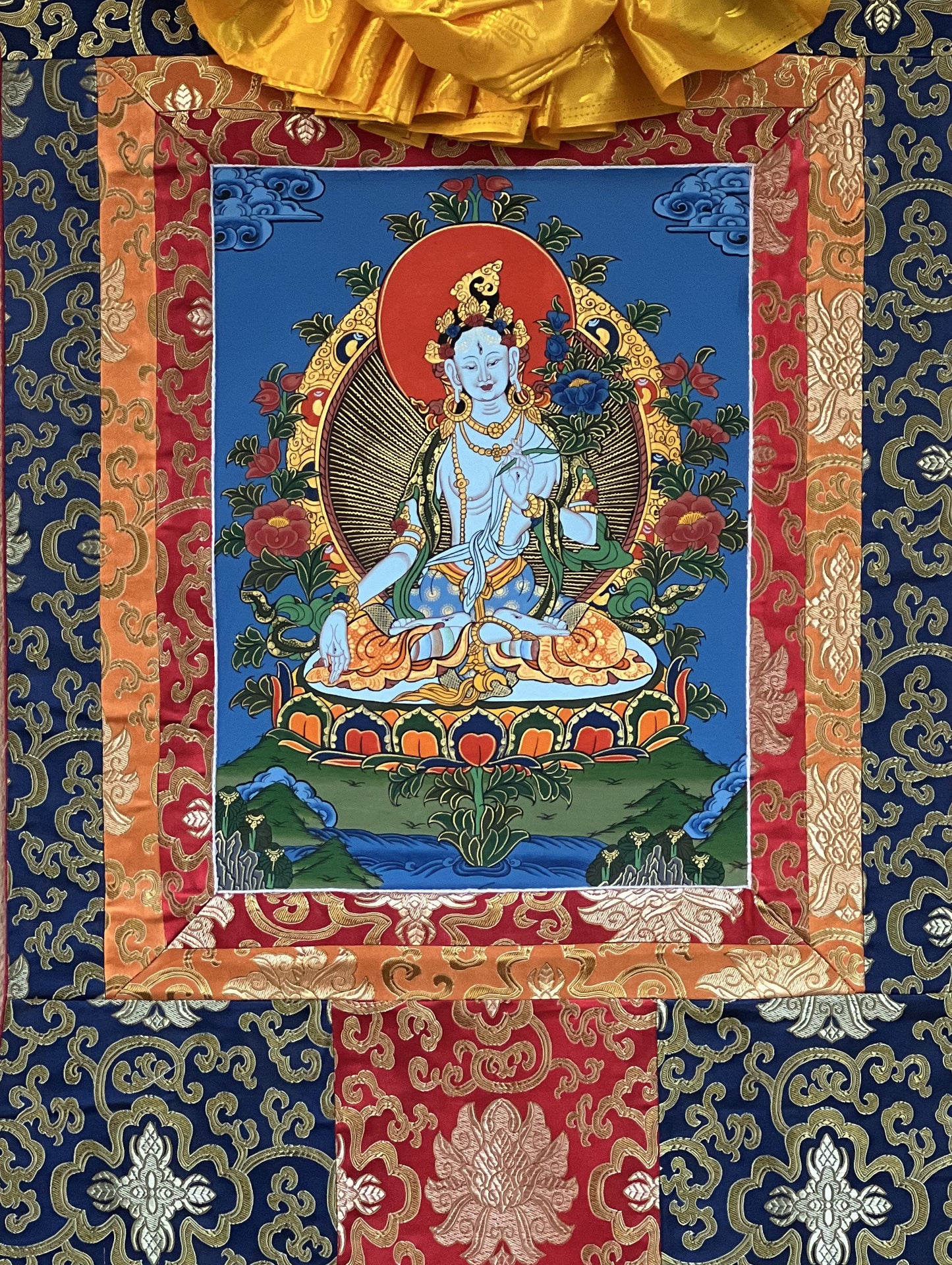 Original Hand Painted White Tara / Mother Goddess / Tibetan Compassion Meditation Thangka / Thanka Painting with Silk Border
