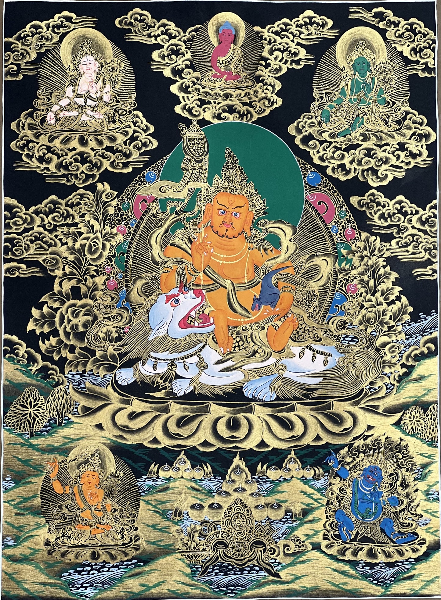 Original Hand Painted Jambhala /Kubera/ Zambala on Snow Loin Tibetan Compassion / Meditation Wall Hanging Thangka Painting From Nepal
