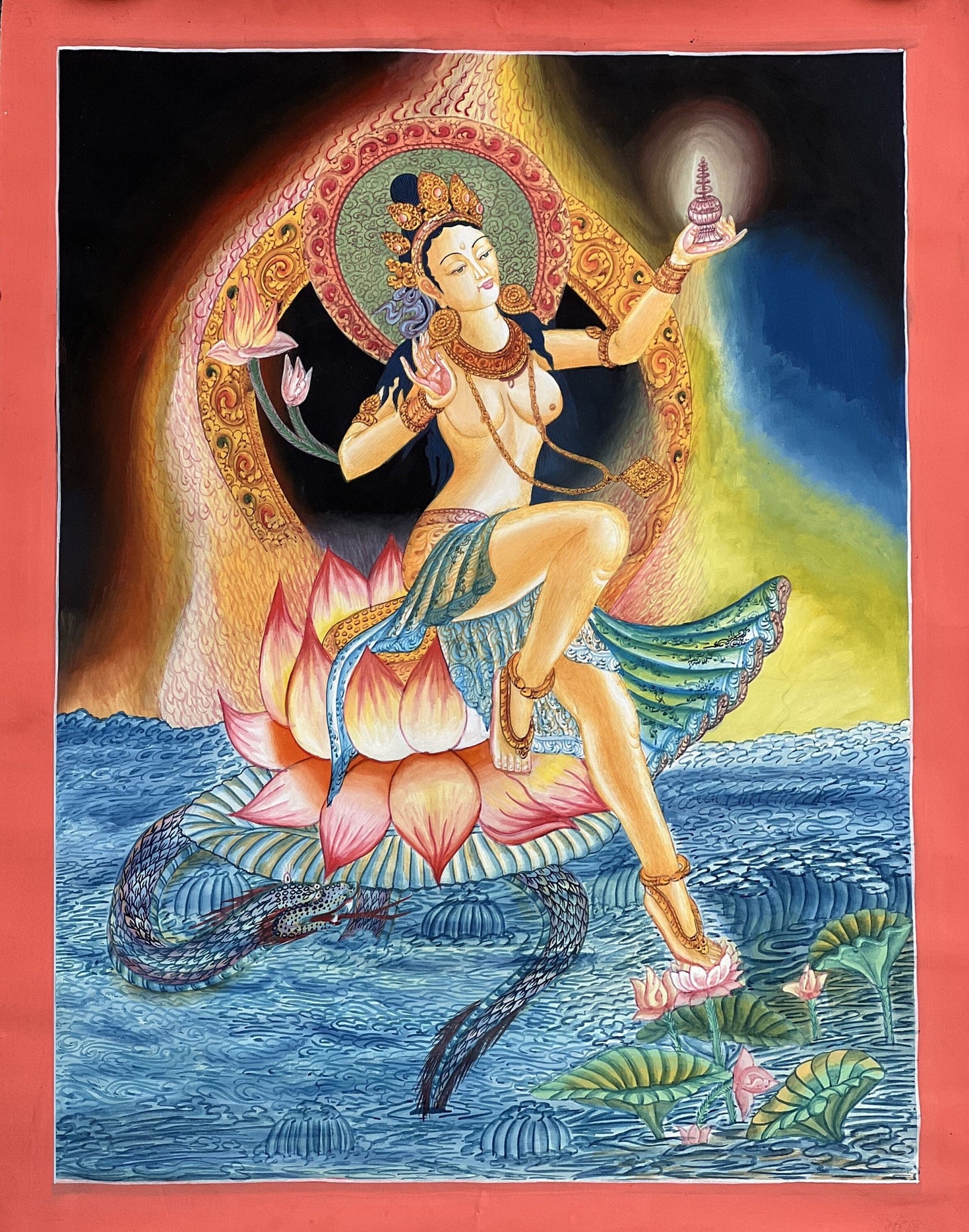 Original hand-painted masterpiece Hindu Goddess Divine Mother/ Mata Ganga/ Jalpari / River Personification Newari Paubha Thangka painting