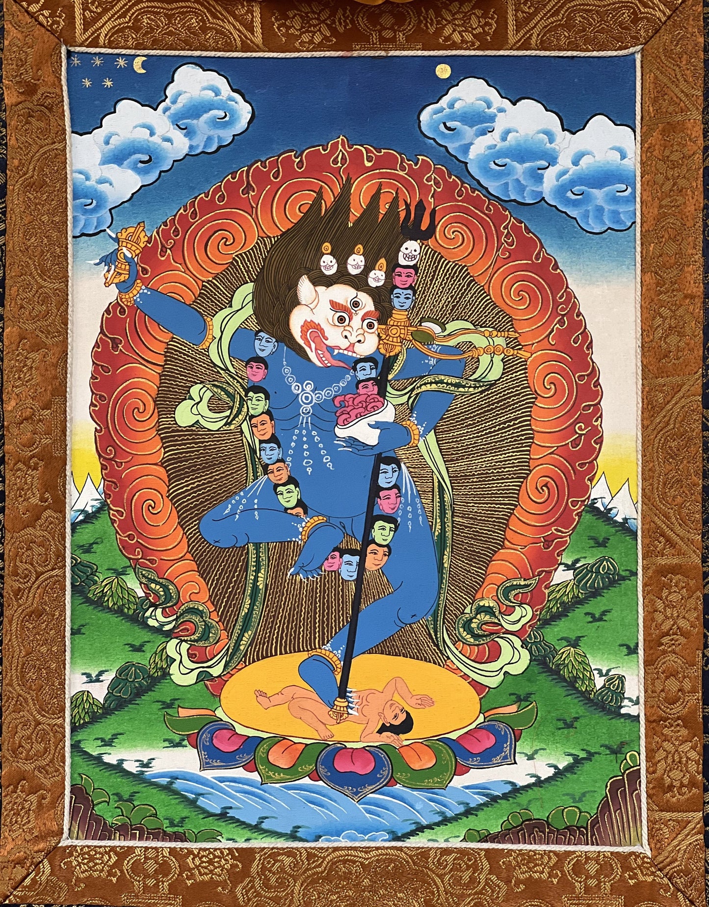 Original Hand Painted Lion Face Dakini / Simha Mukhi Jogini / Tibetan Compassion Meditation Thangka / Thanka Painting Premium Silk Brocade