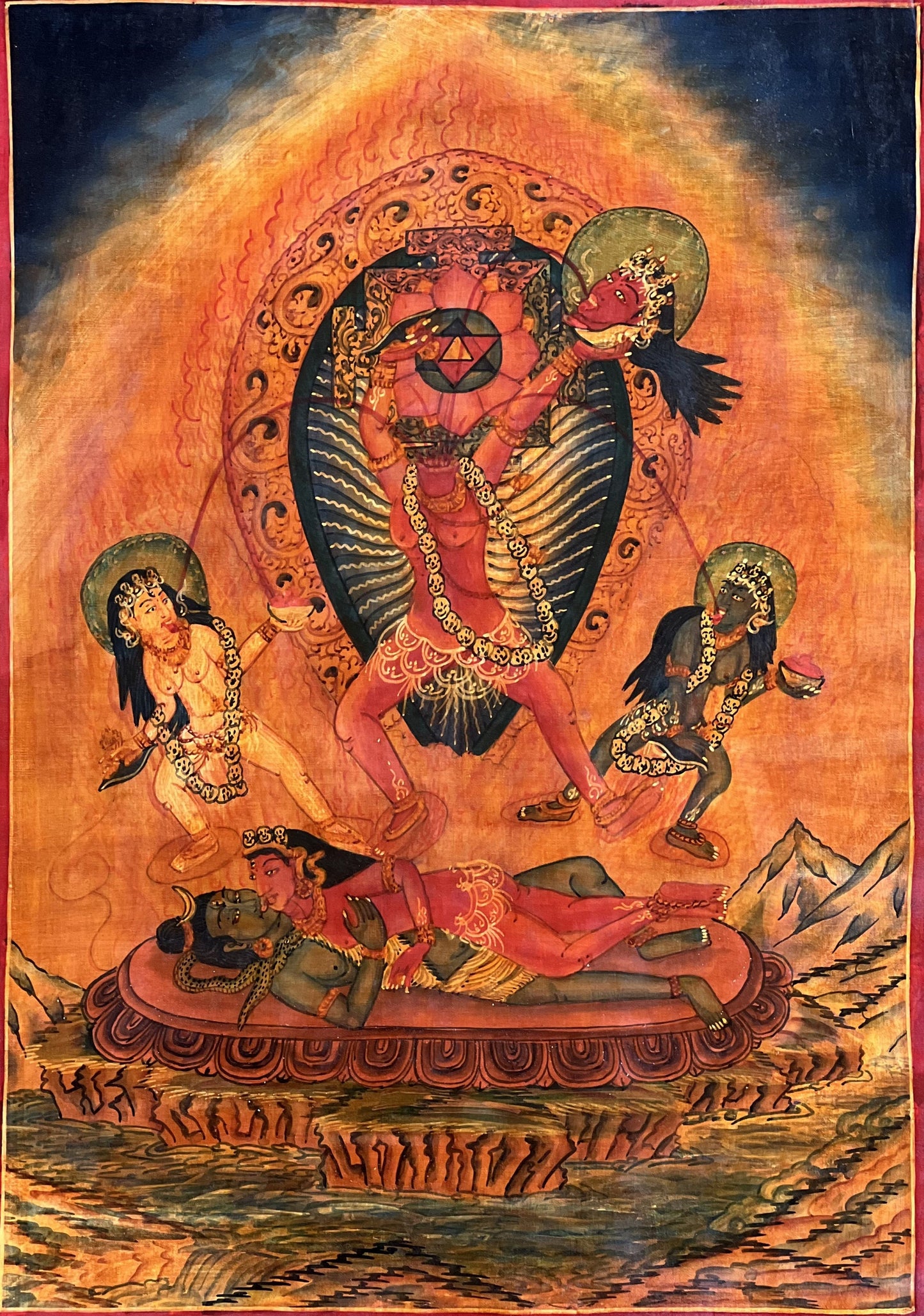 Original Hand Painted Chhinnamasta/Chhinnamastika/Chhinnamunda/Prachanda Chandika/Jogini Maa Tantric Energy Oil Varnished Thangka Painting