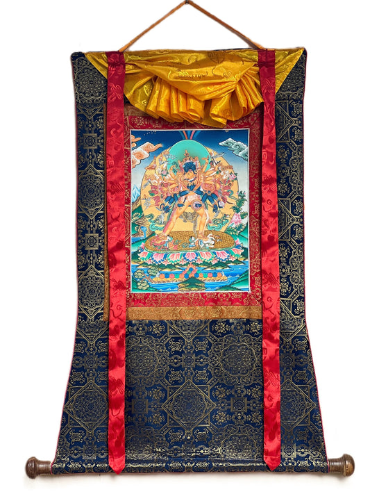 Buddha Kalachakra with Kalacakri/Visvamata Original Masterpiece Tibetan Thangka Painting/Tantra Art with High-Quality Silk Brocade