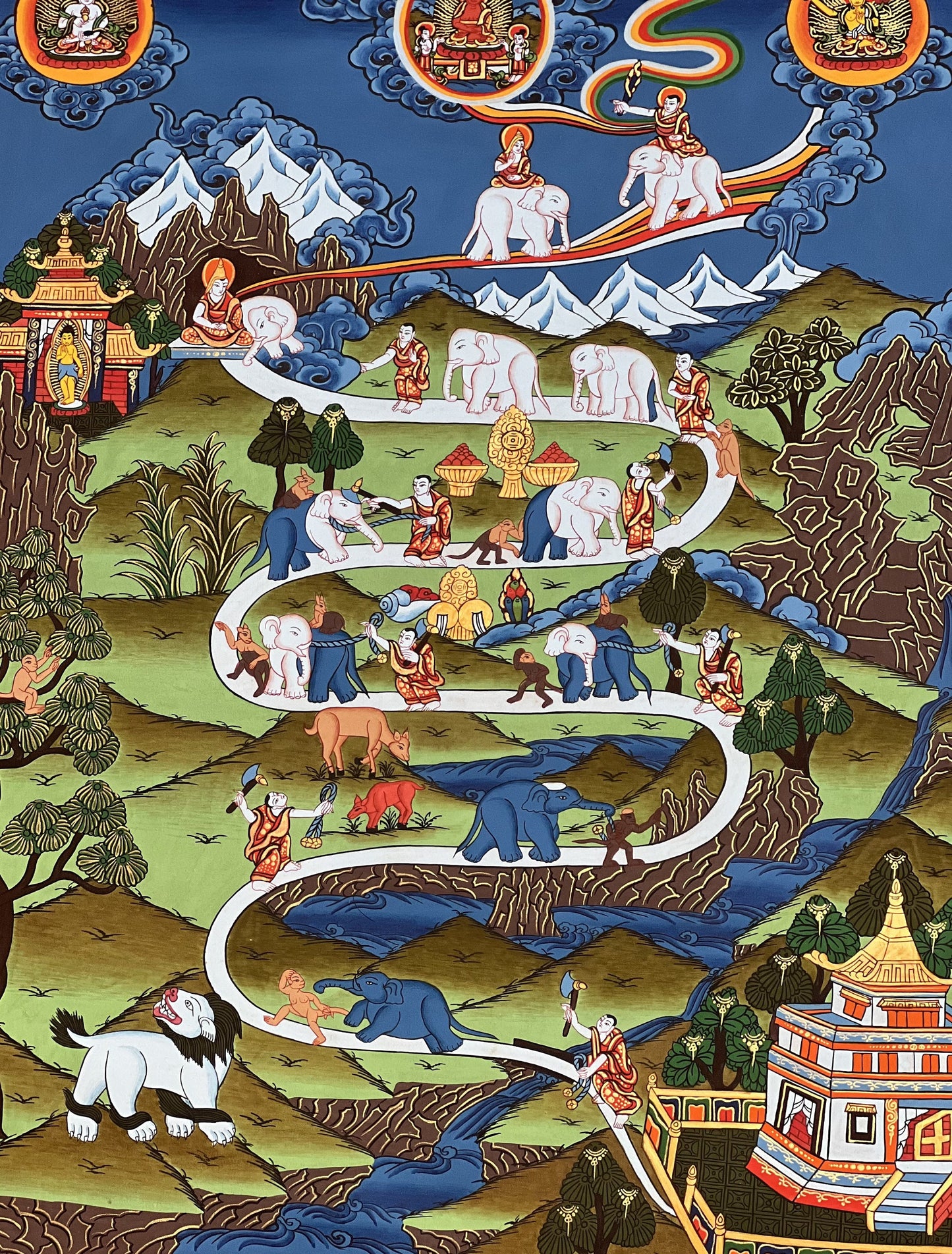 Original Hand-painted Elephant Path/ Samatha Meditation/ Way to Heaven High- Quality Masterpiece Tibetan Thangka Painting