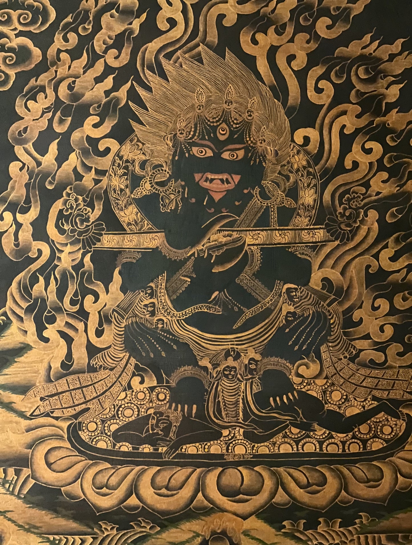 2 Armed Black Mahakala/Mahankala Old  Oil-Varnished Old Tibetan Thangka Painting