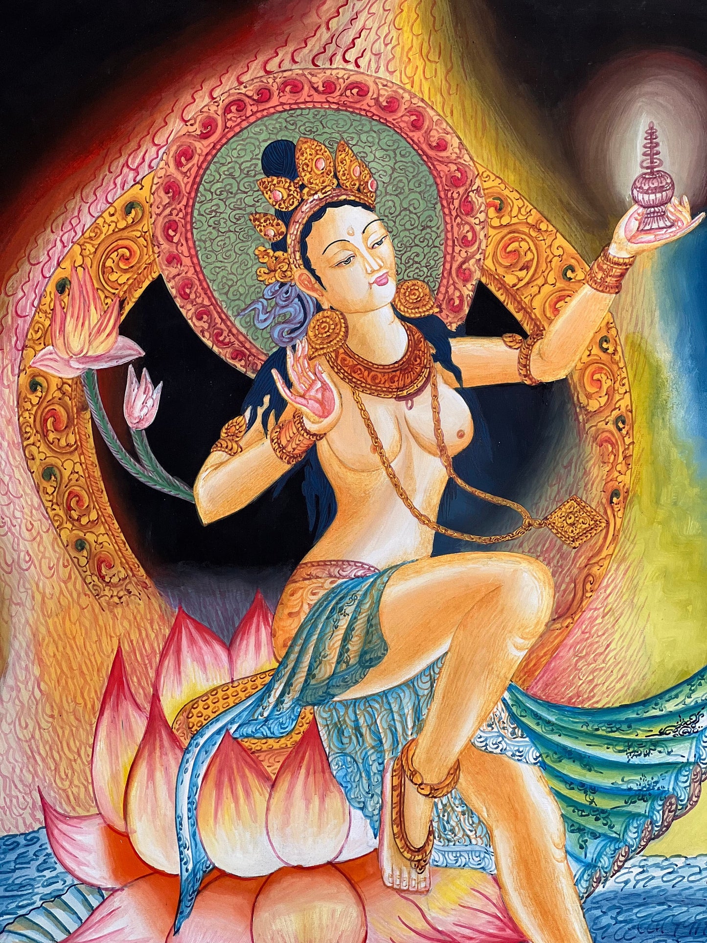 Original hand-painted masterpiece Hindu Goddess Divine Mother/ Mata Ganga/ Jalpari / River Personification Newari Paubha Thangka painting