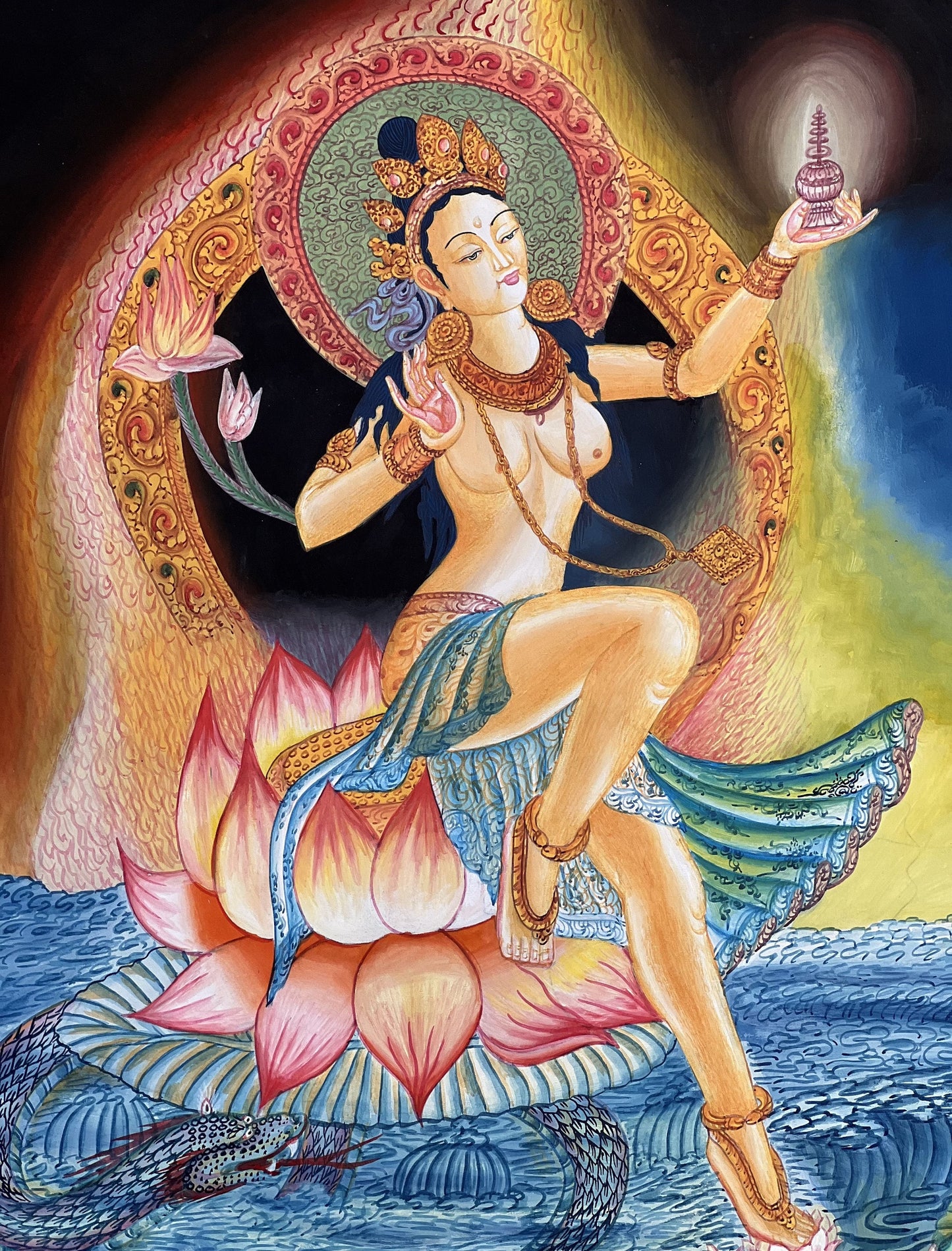 Original hand-painted masterpiece Hindu Goddess Divine Mother/ Mata Ganga/ Jalpari / River Personification Newari Paubha Thangka painting