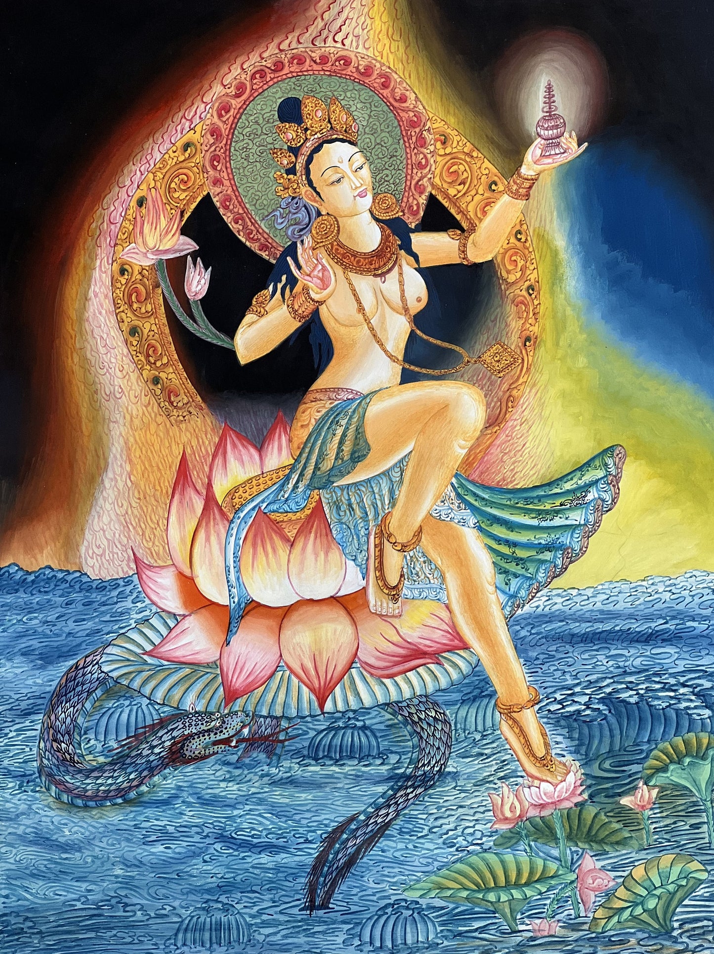 Original hand-painted masterpiece Hindu Goddess Divine Mother/ Mata Ganga/ Jalpari / River Personification Newari Paubha Thangka painting