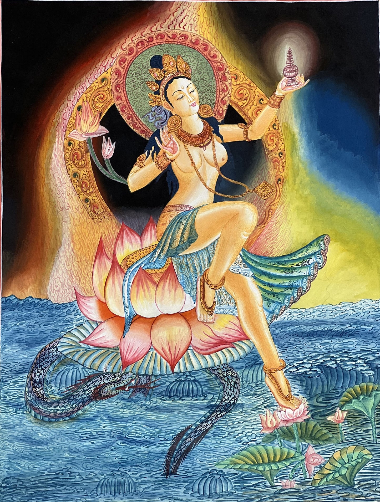 Original hand-painted masterpiece Hindu Goddess Divine Mother/ Mata Ganga/ Jalpari / River Personification Newari Paubha Thangka painting