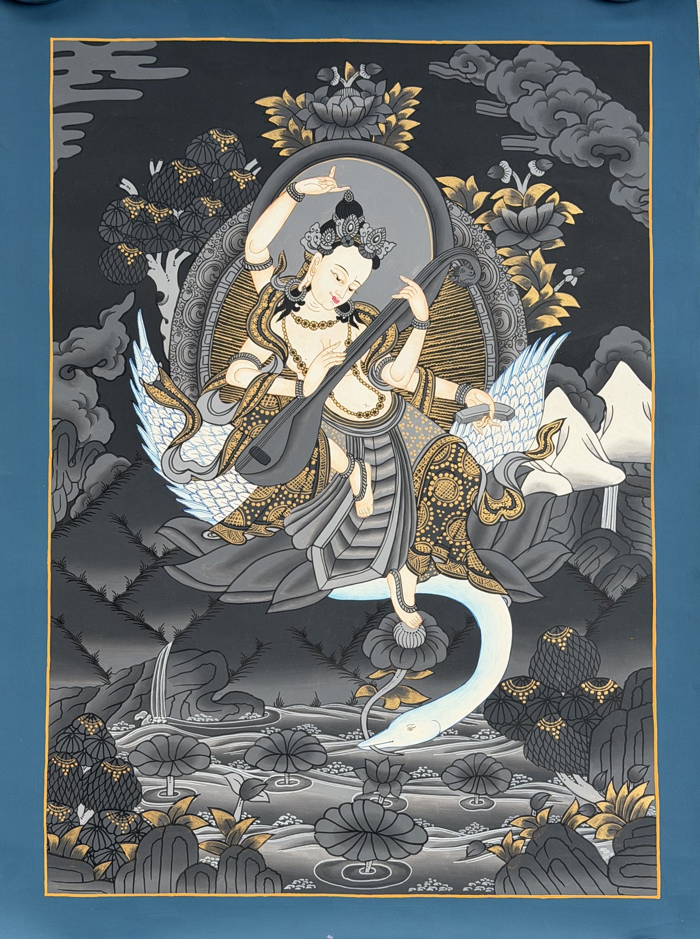 Hand-Painted Goddess Saraswati Thangka Painting – Masterpiece Hindu Art, Cotton Canvas