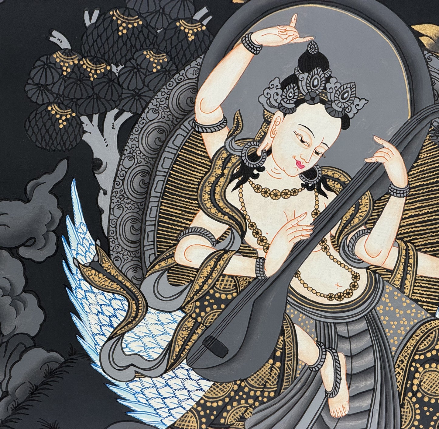 Hand-Painted Goddess Saraswati Thangka Painting – Masterpiece Hindu Art, Cotton Canvas