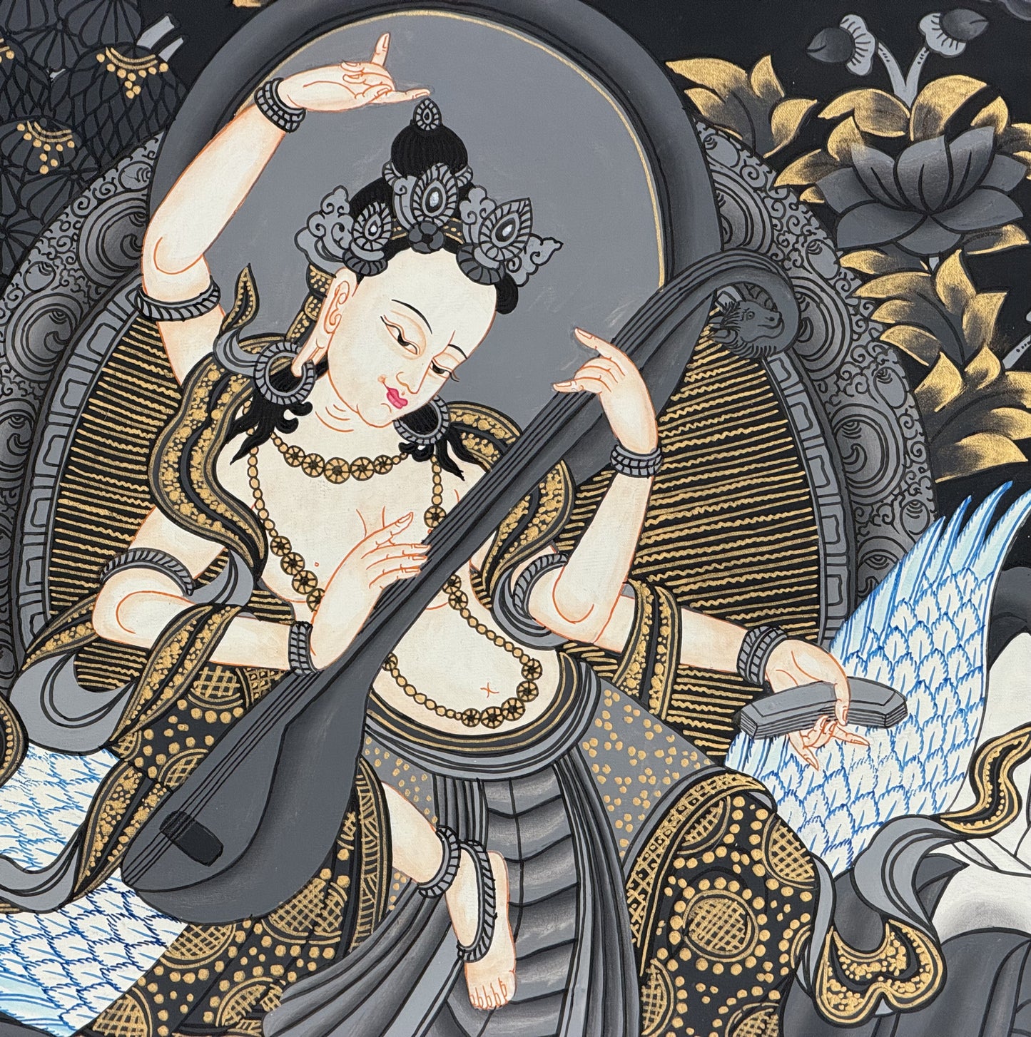 Hand-Painted Goddess Saraswati Thangka Painting – Masterpiece Hindu Art, Cotton Canvas