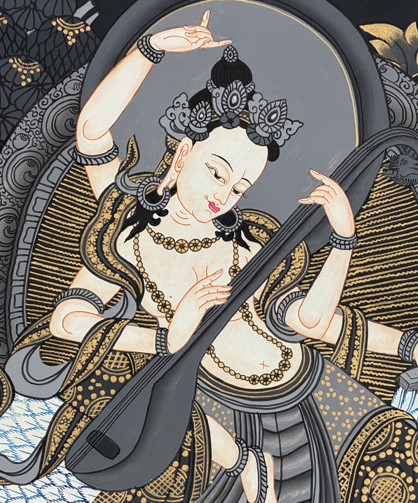 Hand-Painted Goddess Saraswati Thangka Painting – Masterpiece Hindu Art, Cotton Canvas