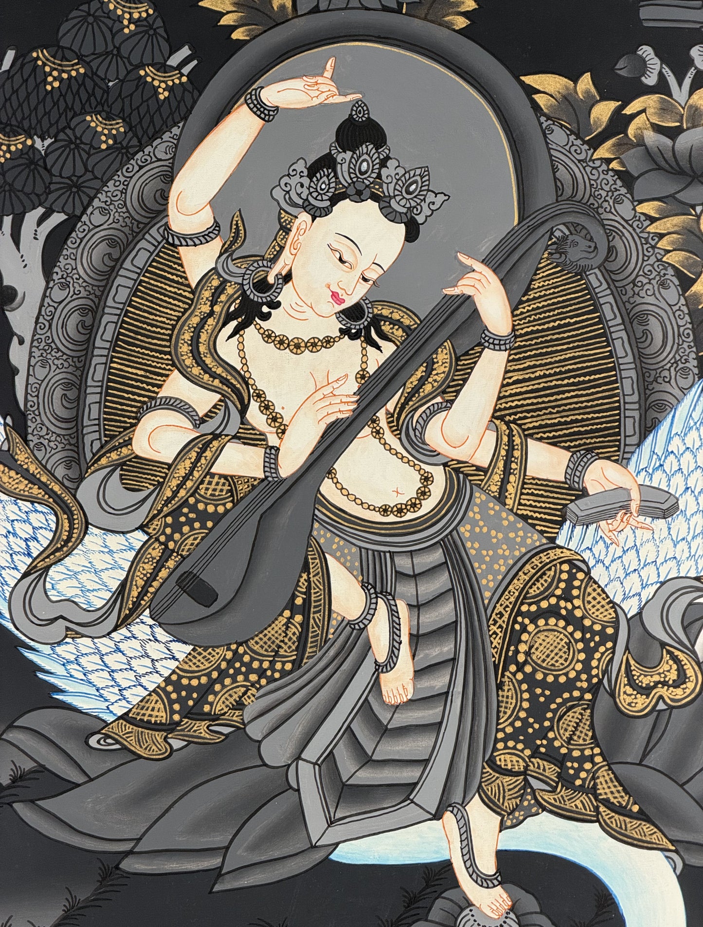 Hand-Painted Goddess Saraswati Thangka Painting – Masterpiece Hindu Art, Cotton Canvas