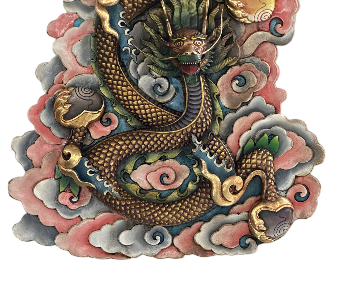 Handcrafted Copper Dragon Wall Hanging Gold-Plated Himalayan Feng Shui Art – Large Statement Piece