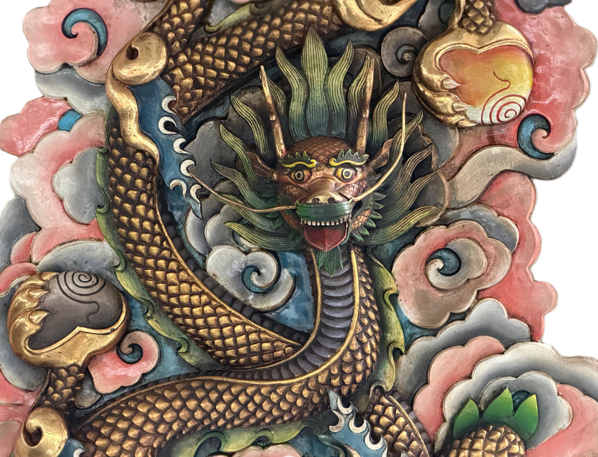 Handcrafted Copper Dragon Wall Hanging Gold-Plated Himalayan Feng Shui Art – Large Statement Piece