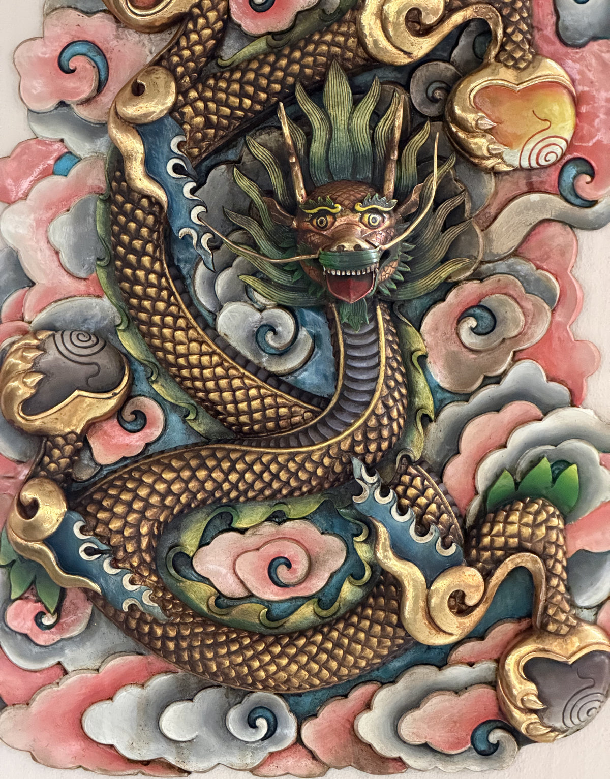 Handcrafted Copper Dragon Wall Hanging Gold-Plated Himalayan Feng Shui Art – Large Statement Piece