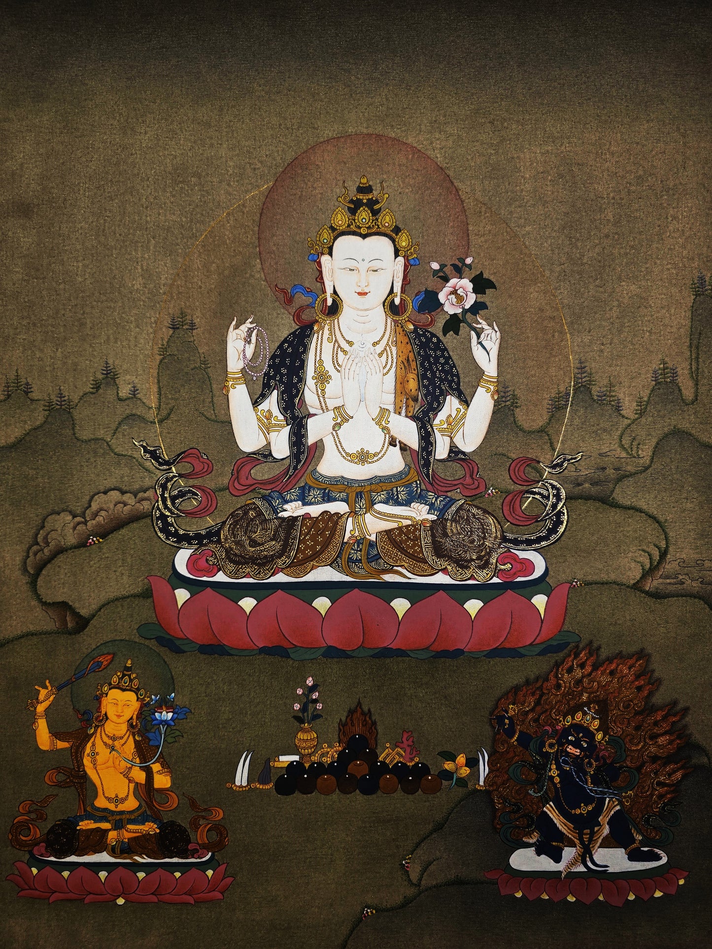 Four-Armed Chenrezig Thangka – Hand-Painted Tibetan Compassion Buddha in Karma Gadri Style