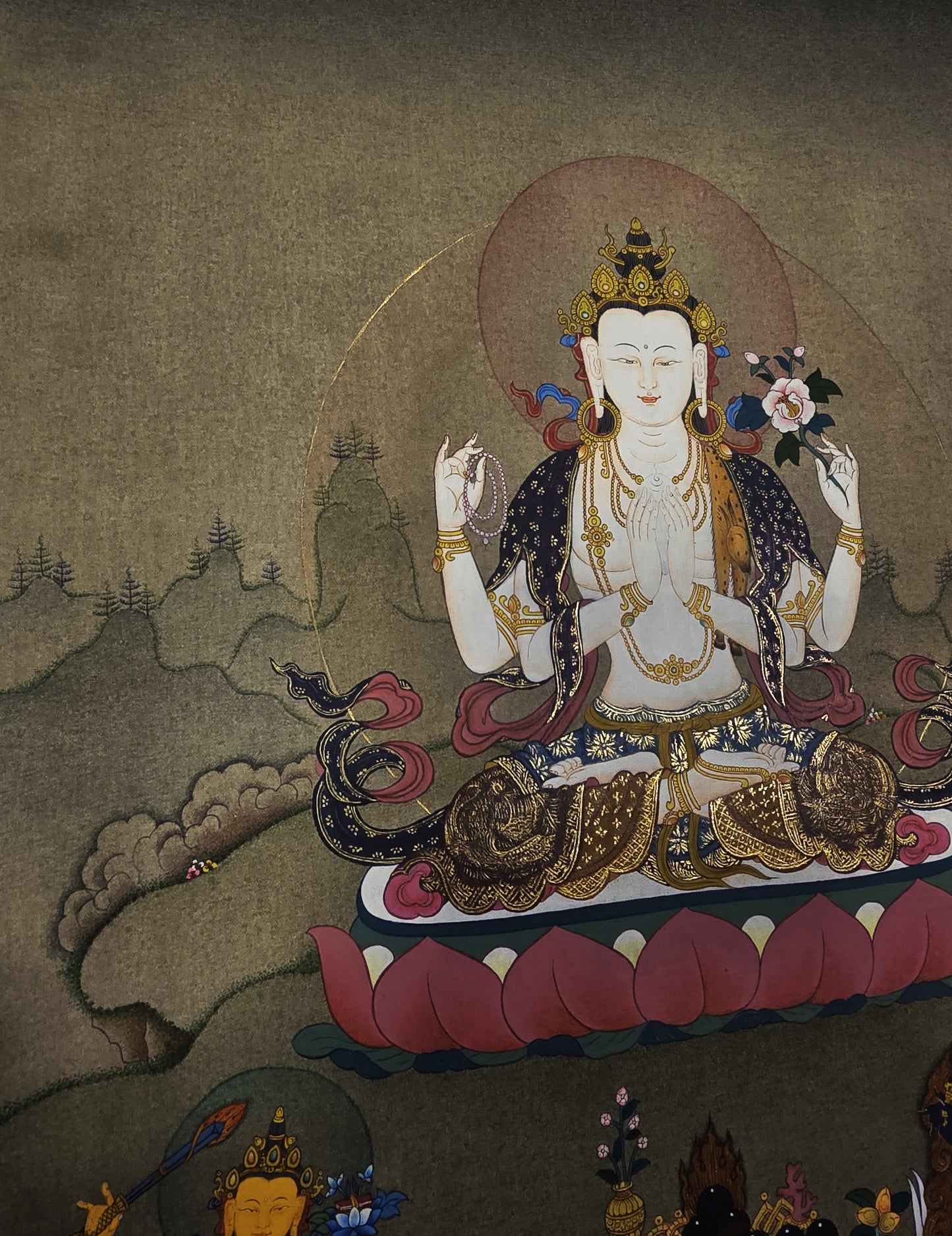 Four-Armed Chenrezig Thangka – Hand-Painted Tibetan Compassion Buddha in Karma Gadri Style