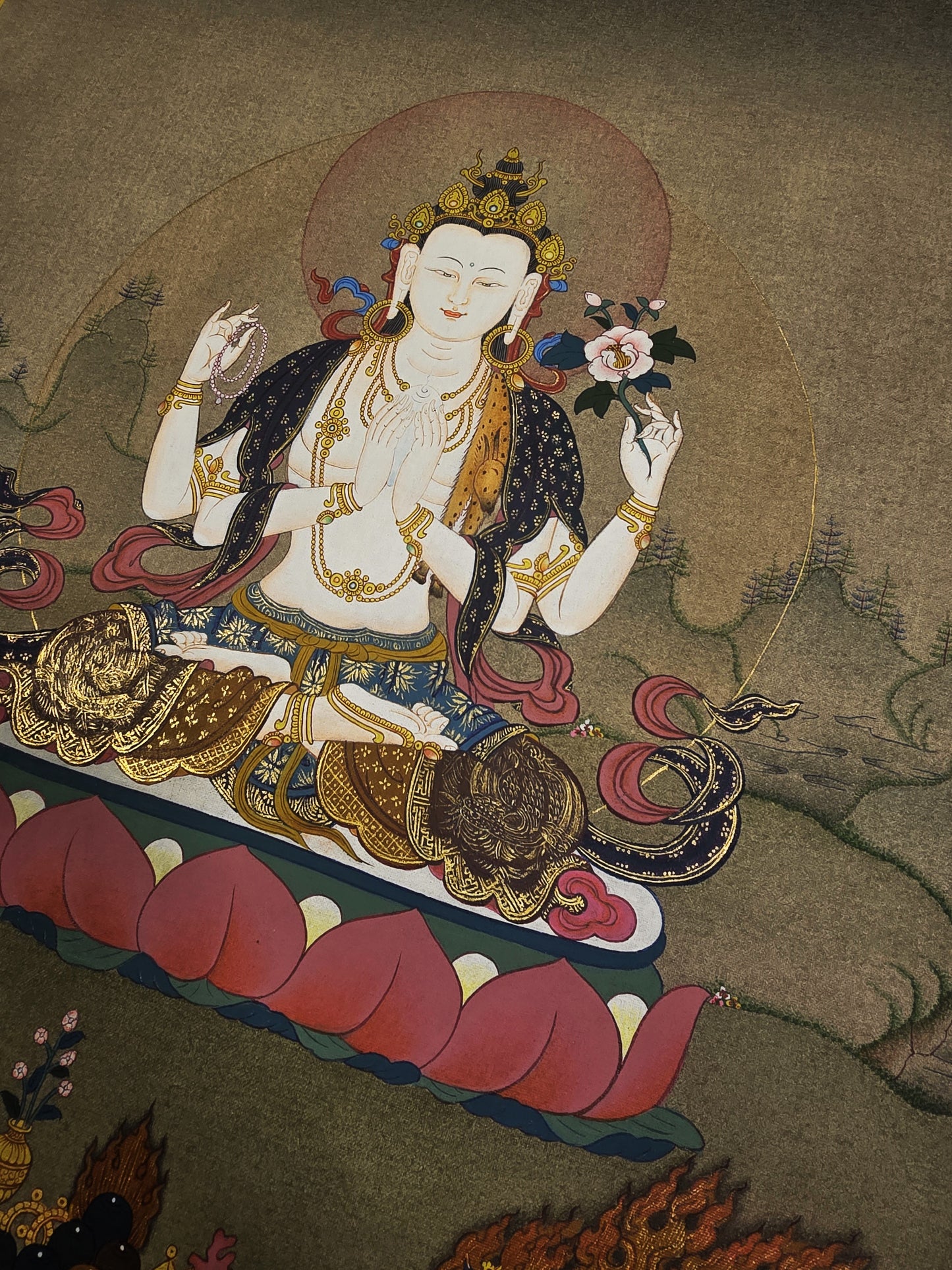 Four-Armed Chenrezig Thangka – Hand-Painted Tibetan Compassion Buddha in Karma Gadri Style
