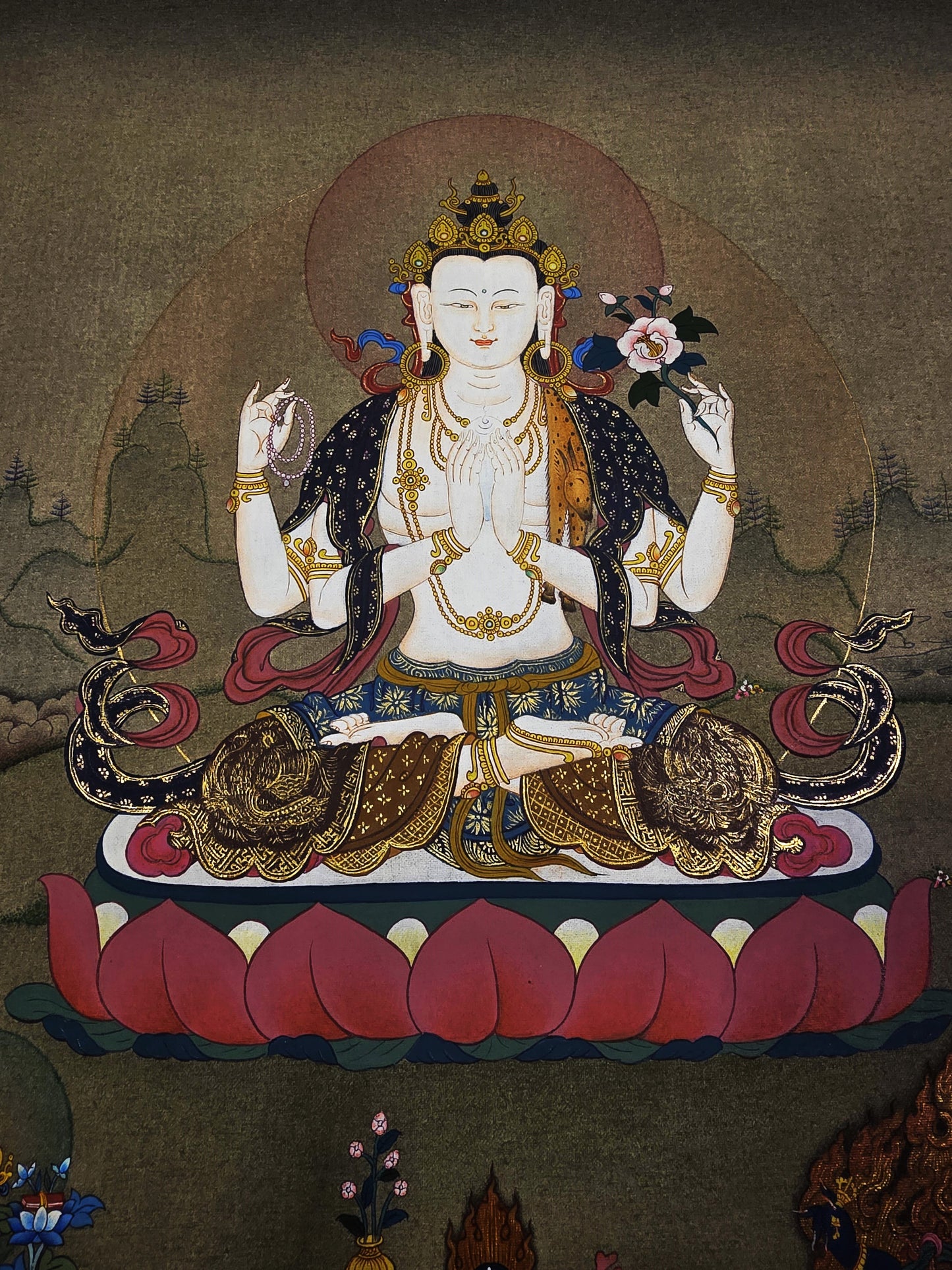 Four-Armed Chenrezig Thangka – Hand-Painted Tibetan Compassion Buddha in Karma Gadri Style