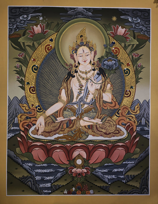 White Tara Mother Goddess – Masterpiece Hand-Painted Tibetan Thangka