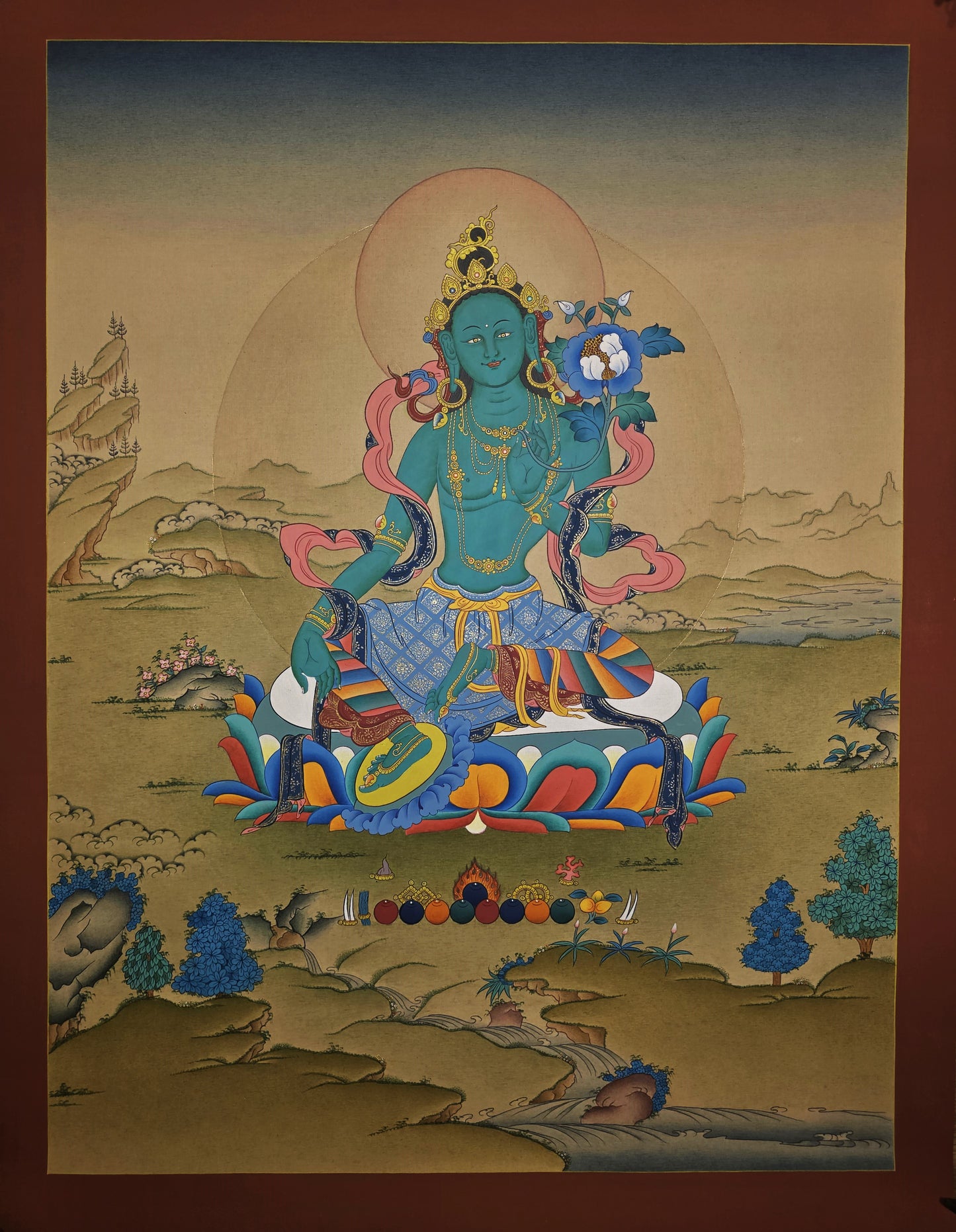 Green Tara Thangka – Hand-Painted Tibetan Artwork in Karma Gadri Style