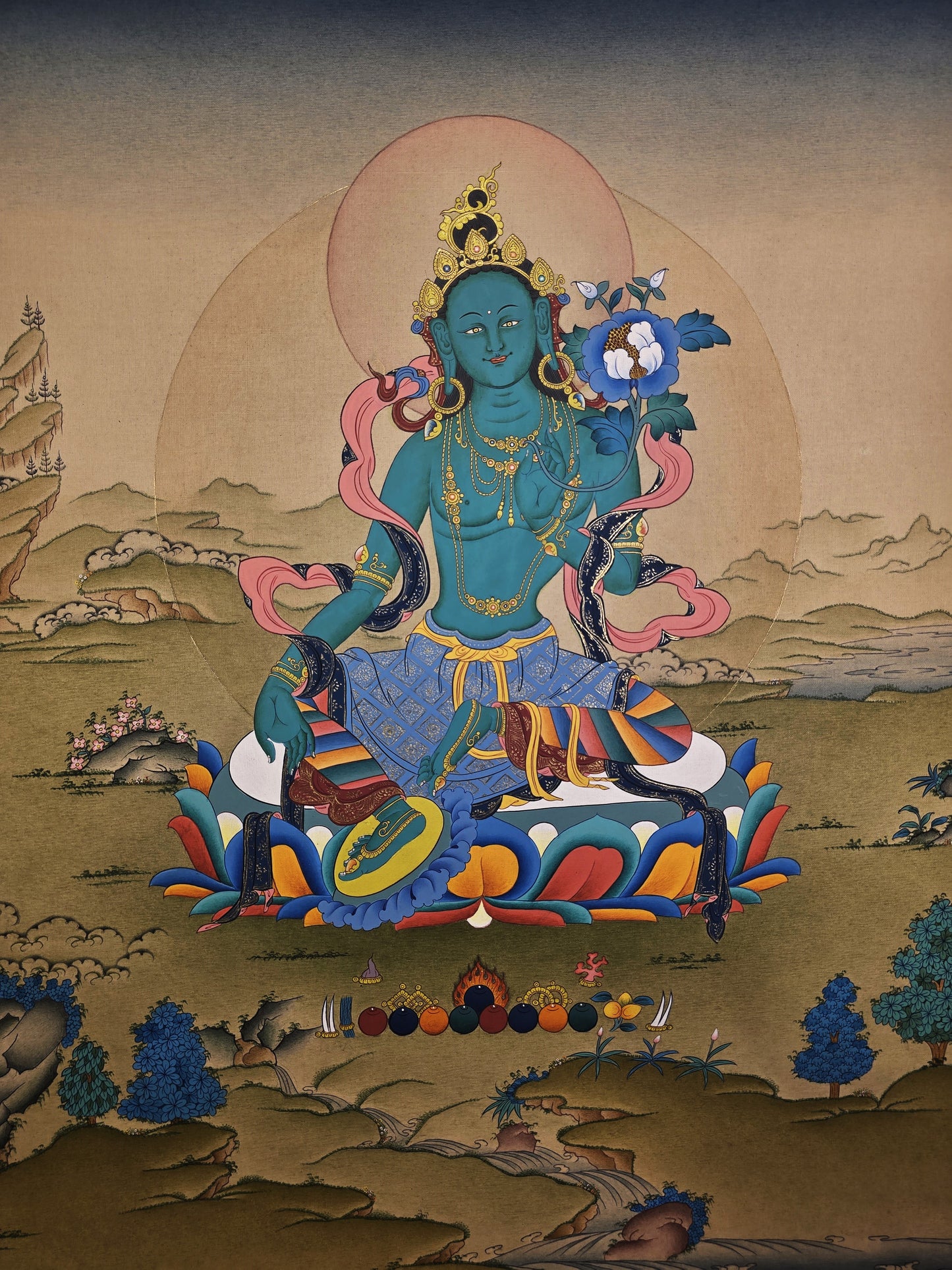 Green Tara Thangka – Hand-Painted Tibetan Artwork in Karma Gadri Style