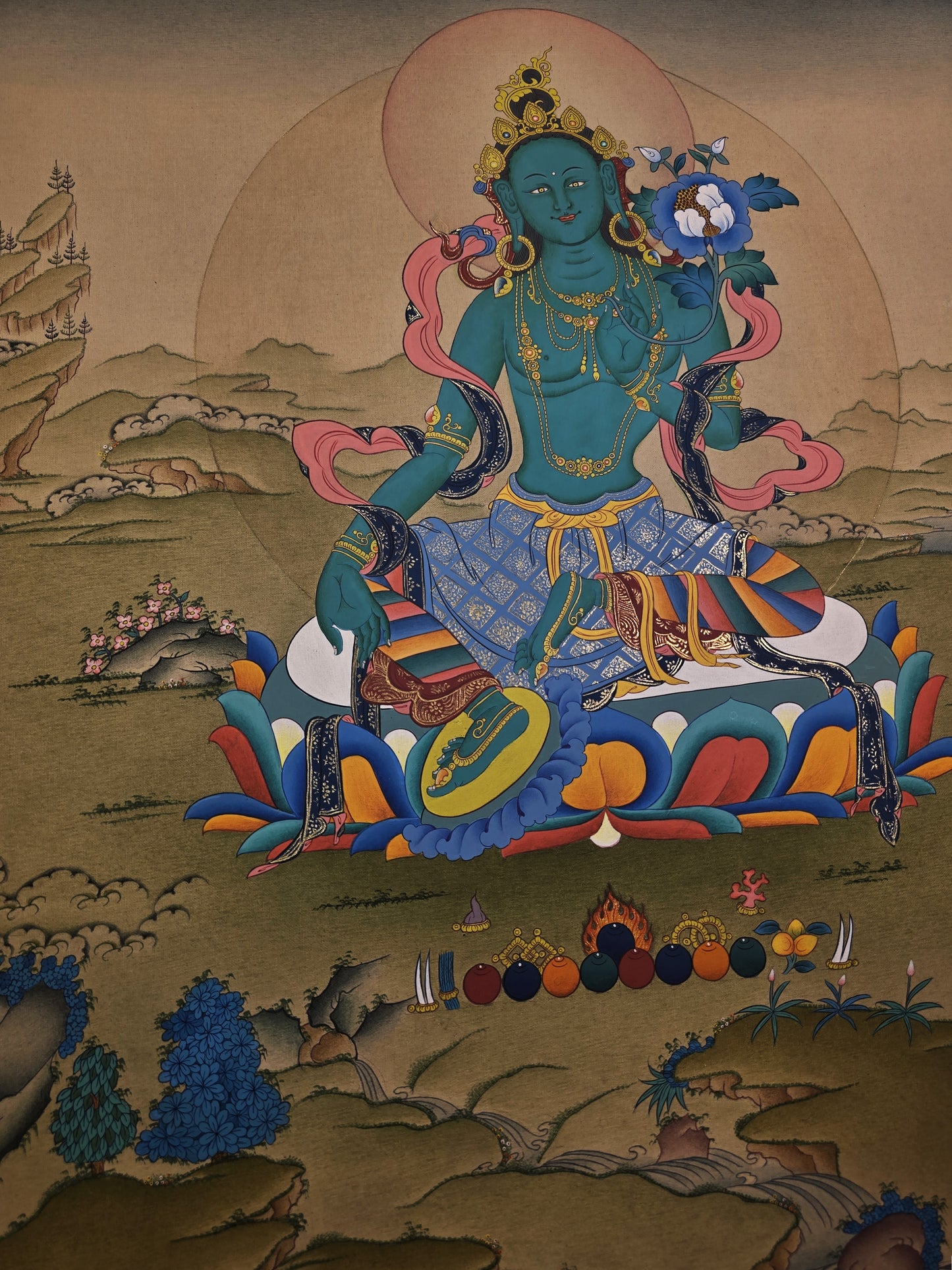 Green Tara Thangka – Hand-Painted Tibetan Artwork in Karma Gadri Style