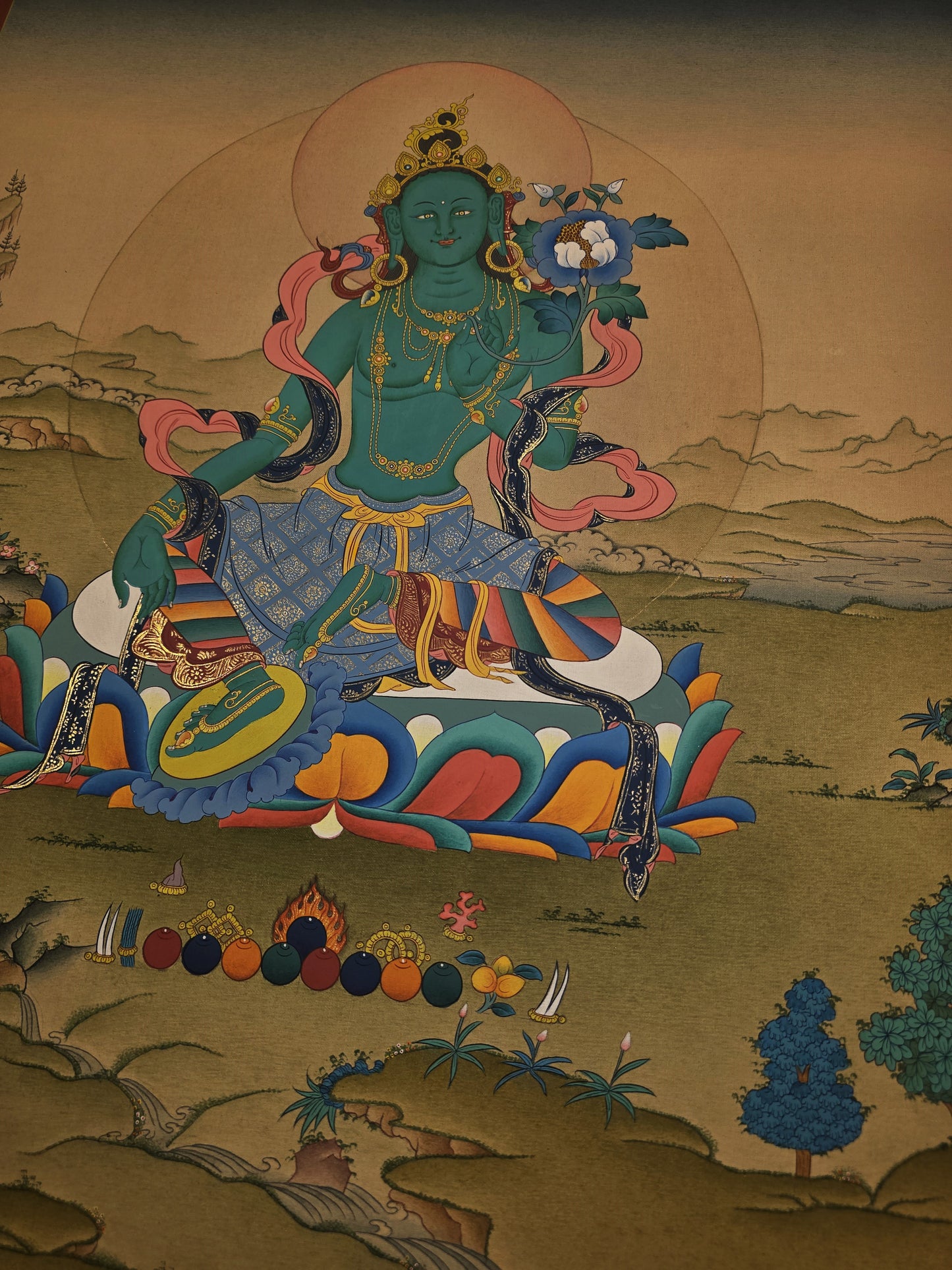 Green Tara Thangka – Hand-Painted Tibetan Artwork in Karma Gadri Style