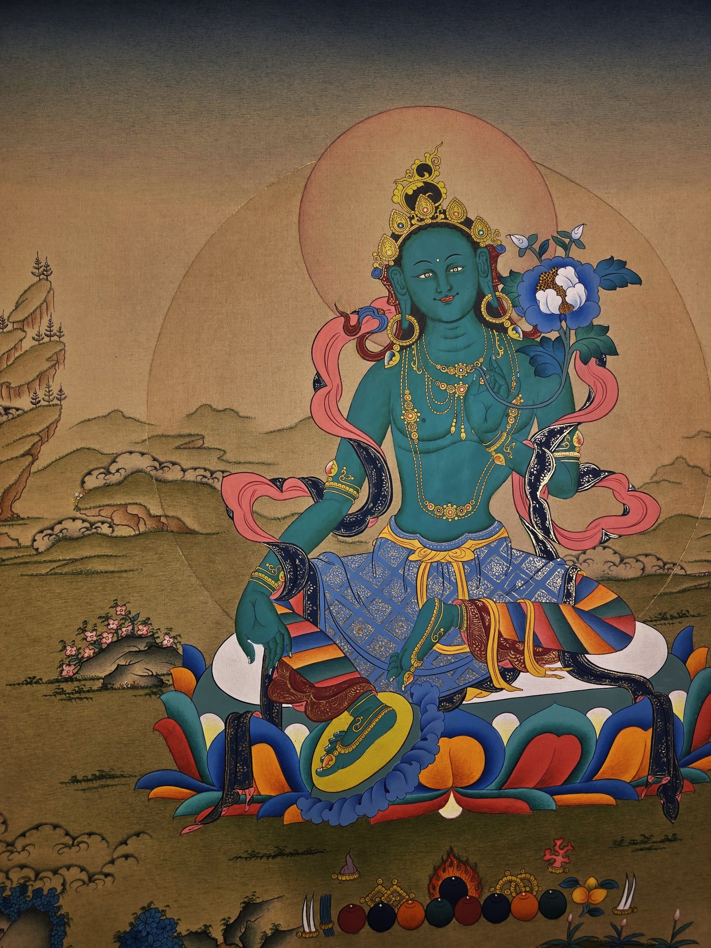 Green Tara Thangka – Hand-Painted Tibetan Artwork in Karma Gadri Style