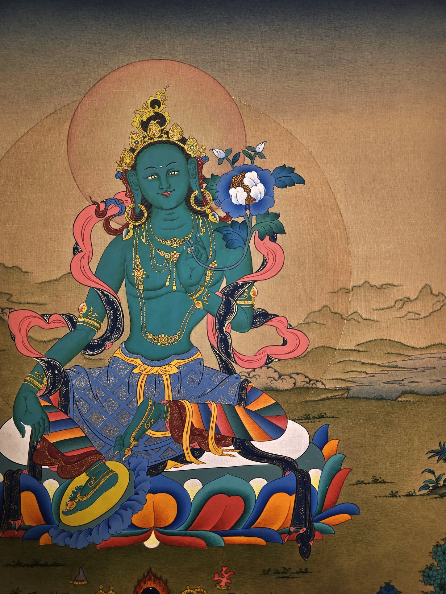Green Tara Thangka – Hand-Painted Tibetan Artwork in Karma Gadri Style